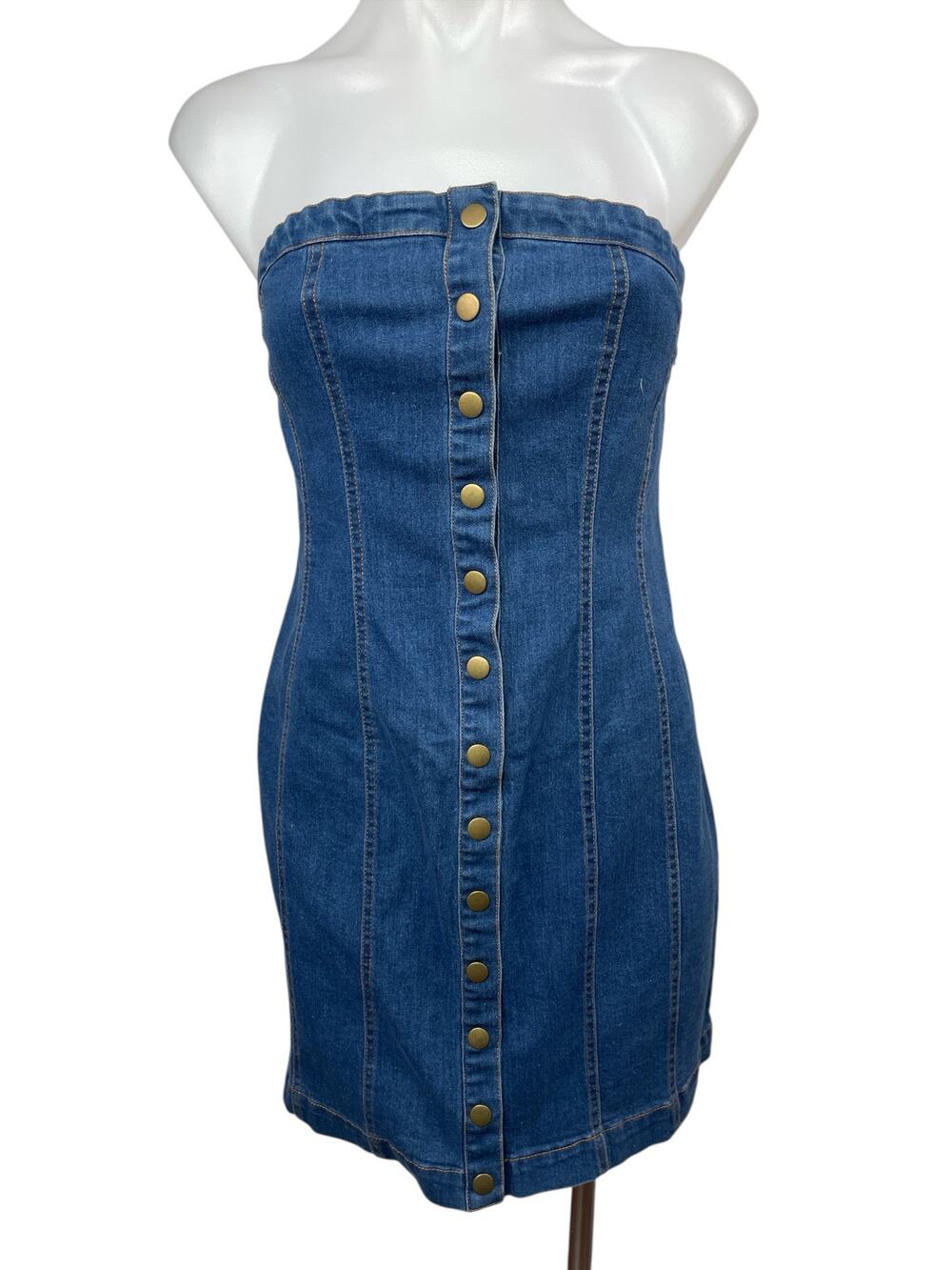 NEW Know One Cares Denim Strapless Bandeau Button Down Mini Bodycon Tube Dress L